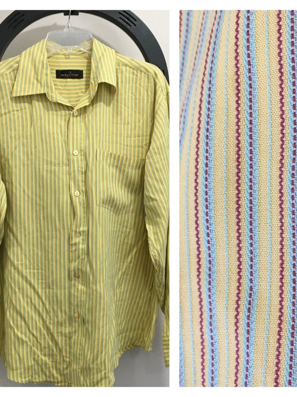 BUGATCHI Uomo Yellow Red Mint Textured Striped Long Sleeve Logo Button Shirt
